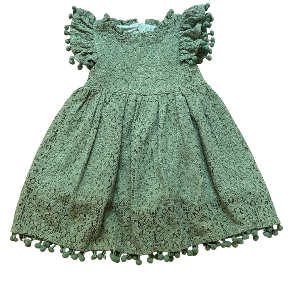 2Bunnies Lace Flutter Sleeve Dress‎ Kids Green Excellent Pom Pom Trim SIZE 2T